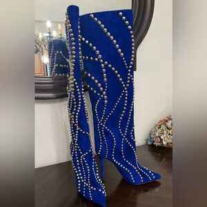 Christian Louboutin Blue Heeled Boots with Studded Design 100MM